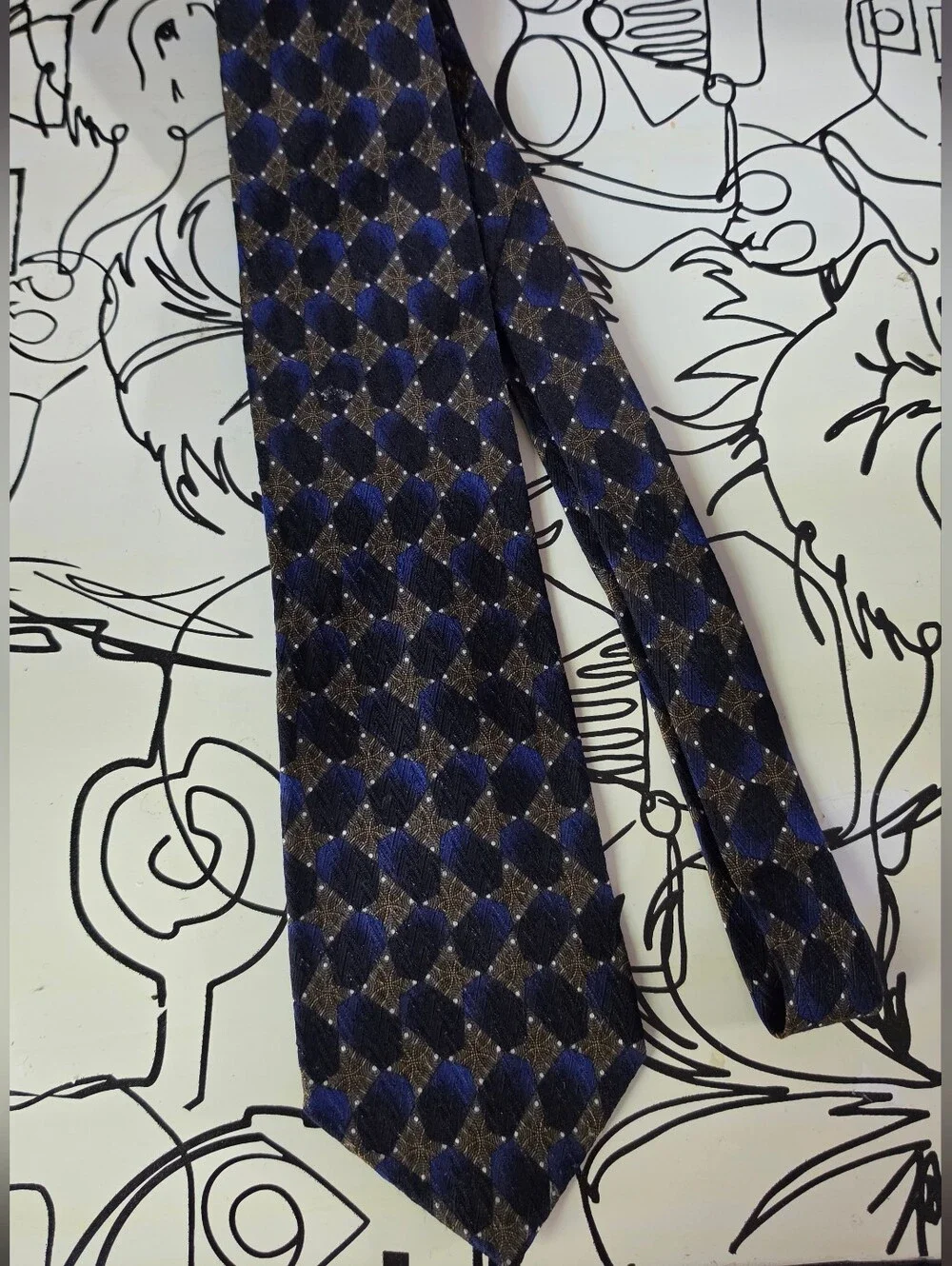 Vintage Format Silk Tie Blue Gold Diamond Geometric Long Necktie Made in Japan
